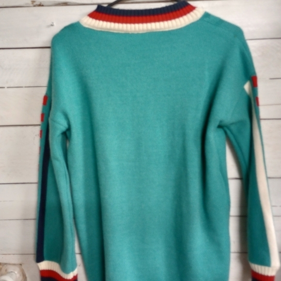 Stripe Sweater V Neck Women's Green Knit Long Sleeve Loose Casual Pullover Med - Picture 11 of 11